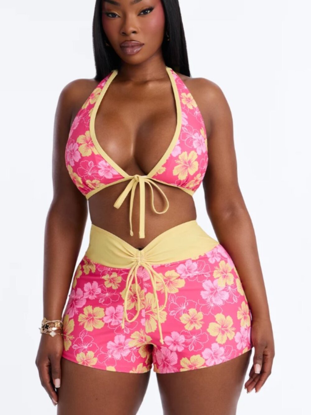 NWT Fashion Nova Size 2X Pink Tropical Floral Print 3 Piece Bikini Set